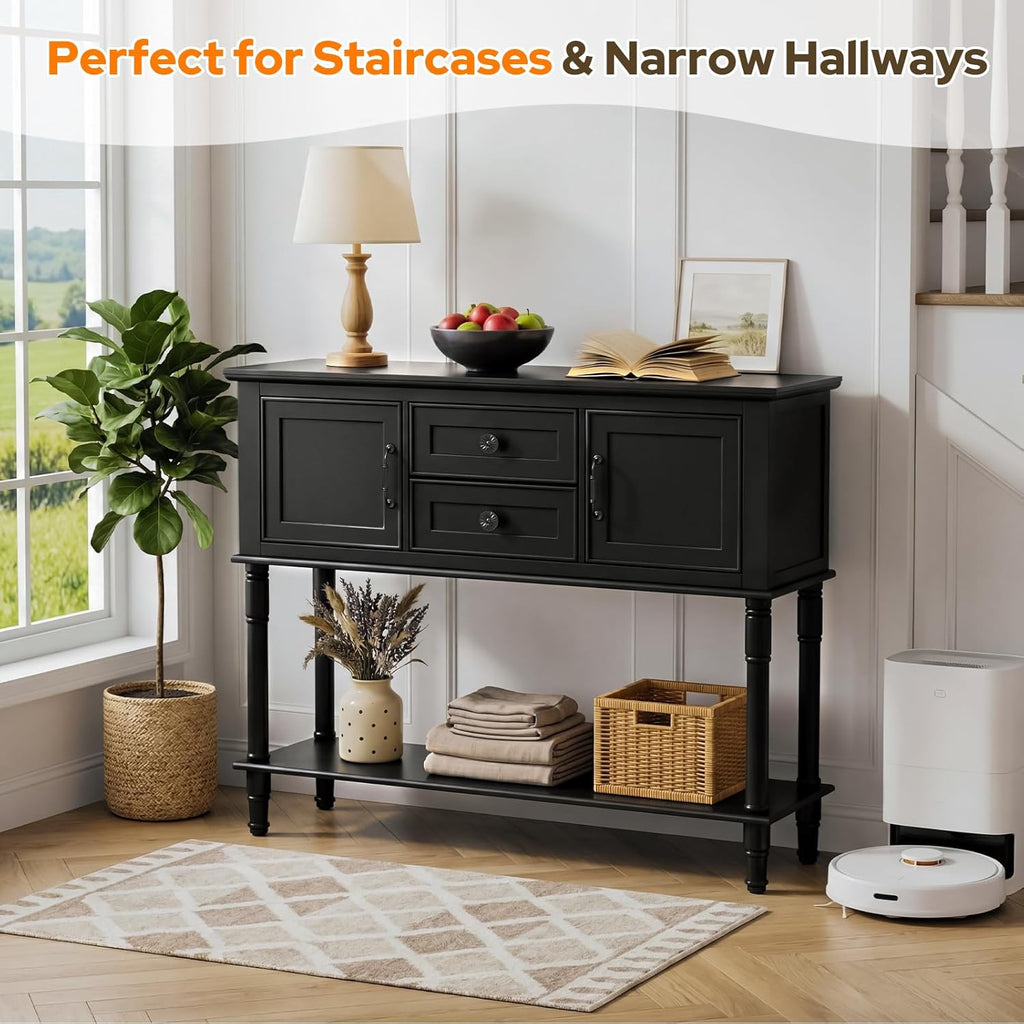 Console Table with 2 Soft-Close Cabinet Doors, Retro Narrow Entryway Table with 2 Drawers & Open Storage Shelf, 42" Long Behind Couch Sofa Table for Living Room, Foyer, Hallway, Coffee Bar (Black)