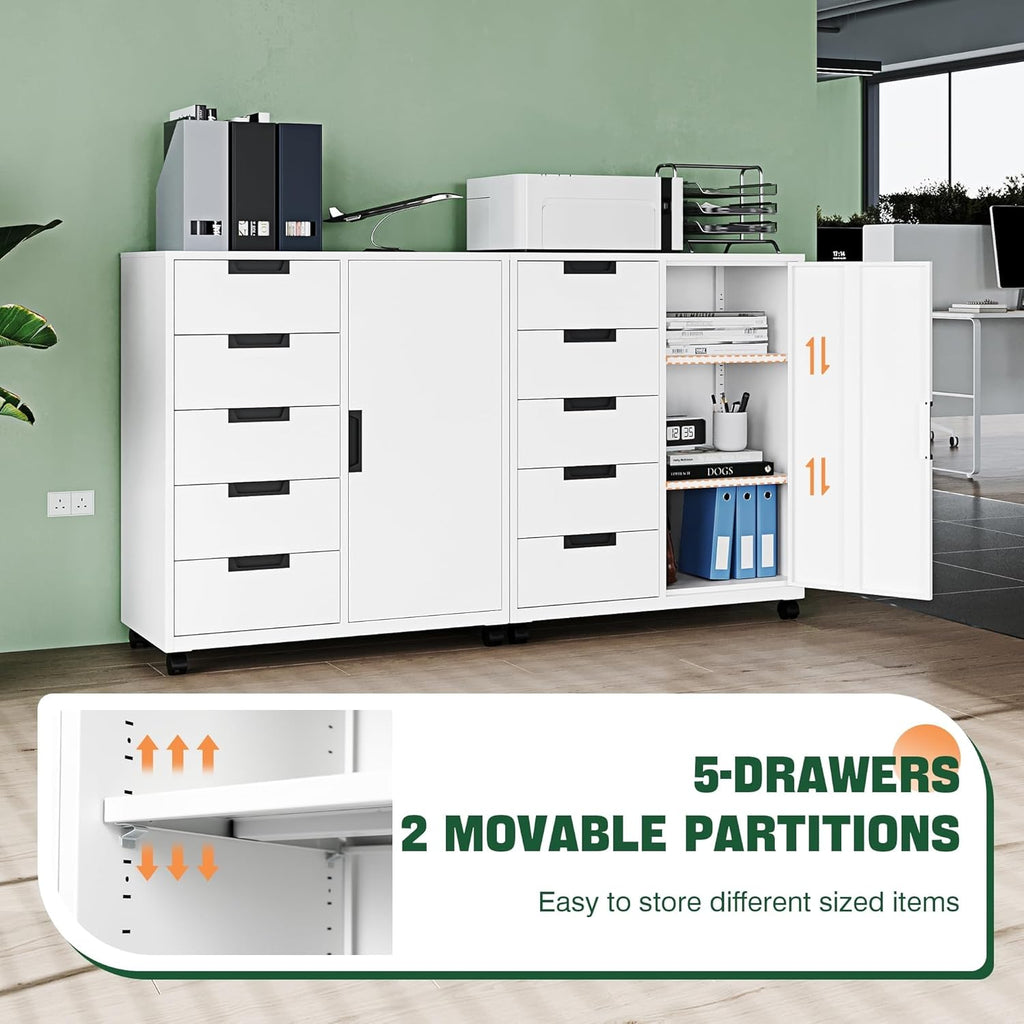 Letaya 5 Drawer Storage Cabinet, Mobile Printer Stand for Home Office,Dresser Chest with Shelves and Door(White)