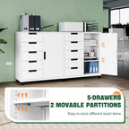 Letaya 5 Drawer Storage Cabinet, Mobile Printer Stand for Home Office,Dresser Chest with Shelves and Door(White)