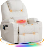 AHMED Rocking Recliner Nursery Chair, Dual Motor Power Swivel Glider Recliner with Heat & Massage, Nursery Recliner Chair with USB A/C Ports, Cup Holders & LED Light for Living Room & Bedroom, Beige