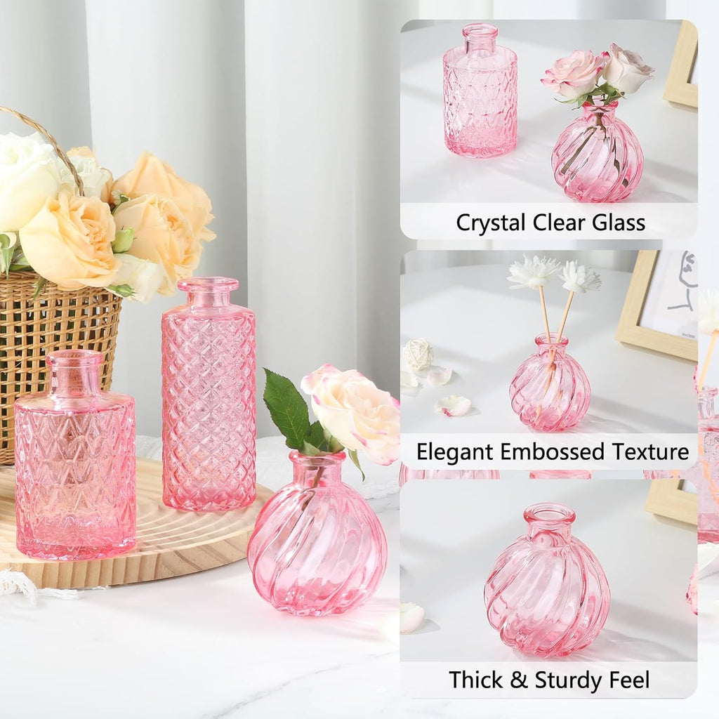 RUCKAE 12 Pack Glass Bud Vases Mini Flower Vase Small Vintage Vases for Centerpiece Table Wedding Decorations Home Decor Party(Pink)