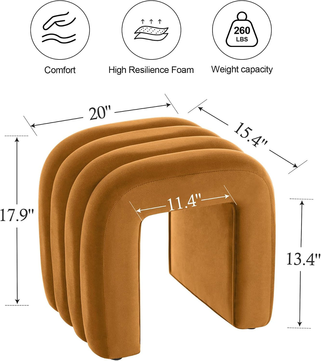 ONEVOG Velvet Pouf Ottoman, Small Ottoman Foot Rest for Couch, 18 Inch Cute Vanity Chairs for Makeup, Living Room Decorative, Sturdy Frame, Upholstered Modern Footrest for Bedroom, Dorm, Cognac