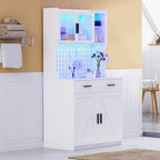 LED Kitchen Pantry Cabinet with Outlets, Farmhouse Storage Cabinet with Drawers & Adjustable Shelves, Cupboard with Pegboard and Hooks for Dining Room (White)