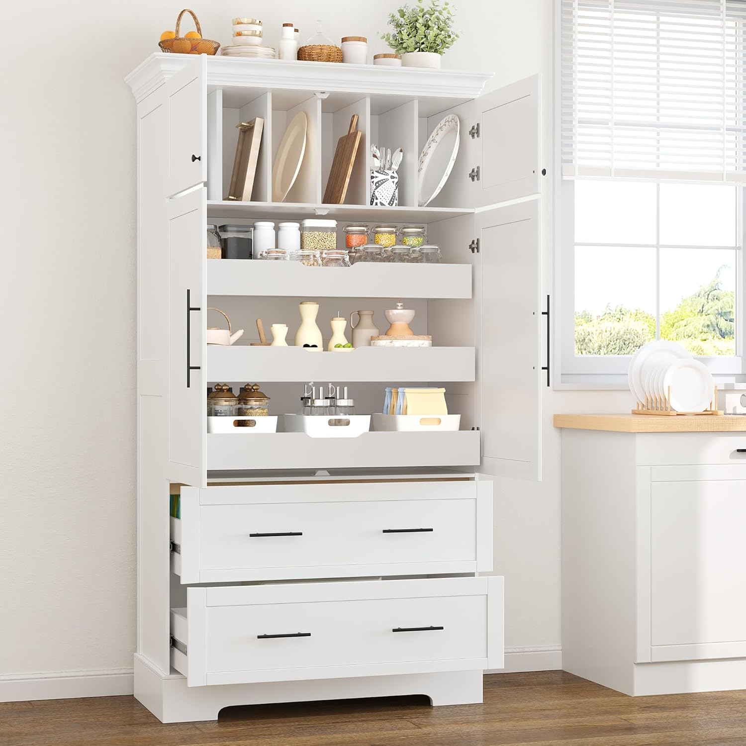 JIJIWANG 72.6" H Farmhouse Freestanding Kitchen Pantry Storage Cabinet with Drawers and Shelves, Buffet with Pull-Out Trays and Cake Pan Storage Organizer White