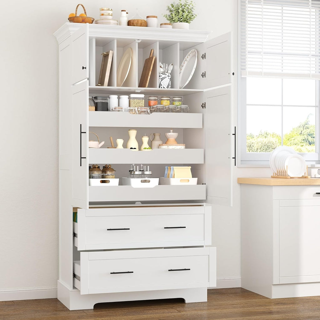 Farmhouse Pantry Cabinet, Tall Freestanding Kitchen Storage Cabinet with Pull-Out Trays, Drawers and Cake Pan Storage Organizer for Dining Room (White)
