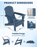 GarveeLife Folding Adirondack Chair Set of 2, All-Weather HDPE Outdoor Chair, Wooden Textured with Cup Holder for patios, Decks, Gardens, fire pits, Navy Blue