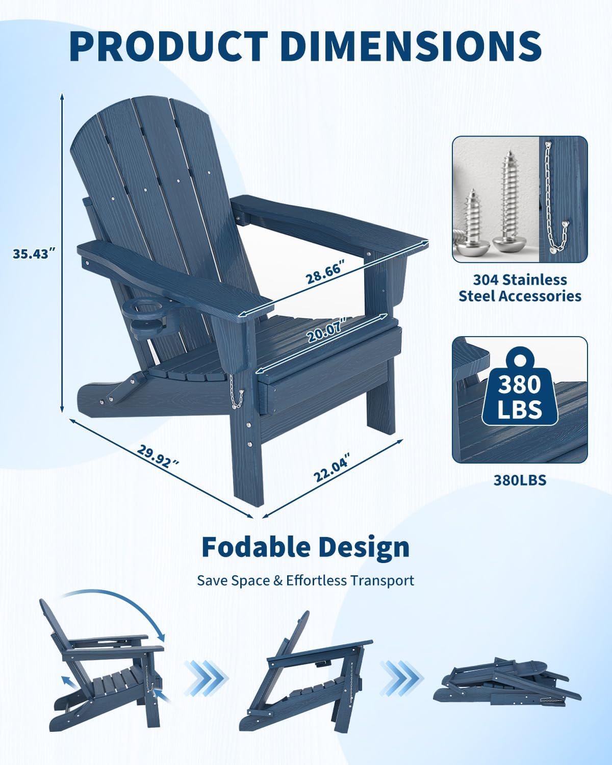 Garvee Folding Adirondack Chair Set of 2 with Side Table, HDPE Outdoor Patio Chair with Cup Holder, All Weather Resistent Wooden Textured for patios, Decks, Gardens, fire Pit, Navy Blue