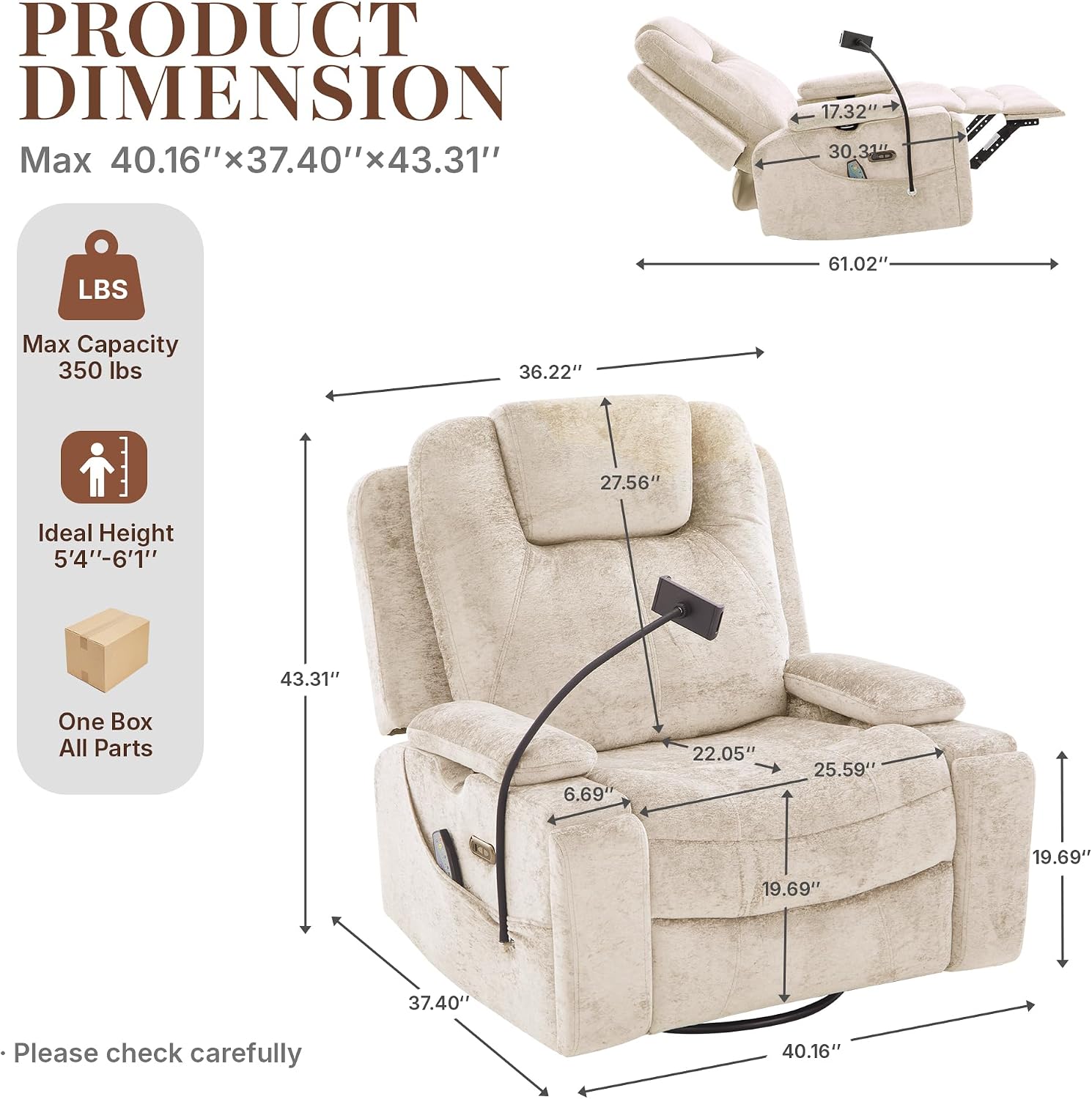 360° Swivel Rocker Recliner Chair for Adults, Rocking Chair Nursery with Massage and Heat, Chenille Fabric Recliner with Cup Holders & Side Pocket for Living Room