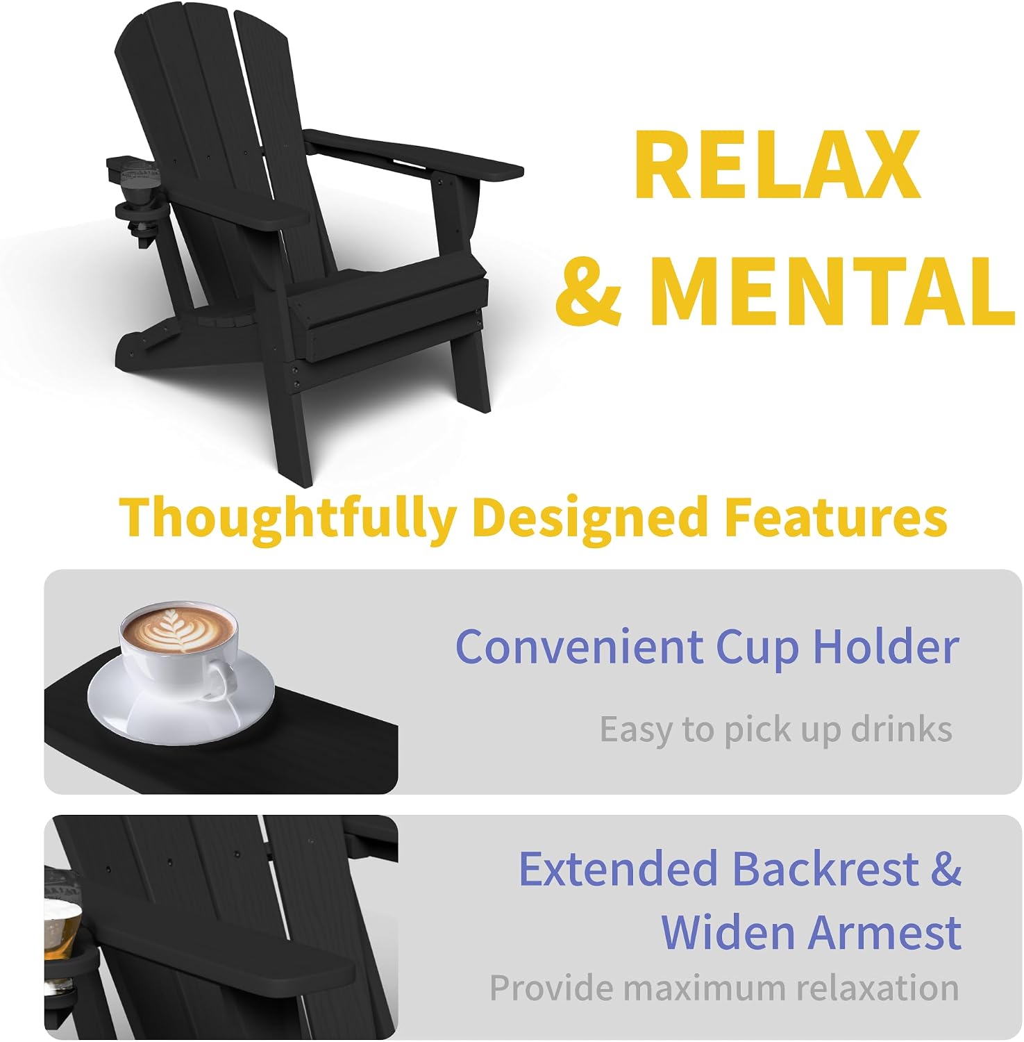 Kingdura Foldable Adirondack Chair, Portable HDPE All Weather Resistant Outdoor Patio Chair, Wooden Textured with Cup Holder, 380LBS Capacity for Poolside, Backyard, Deck, Fire Pit (Black)