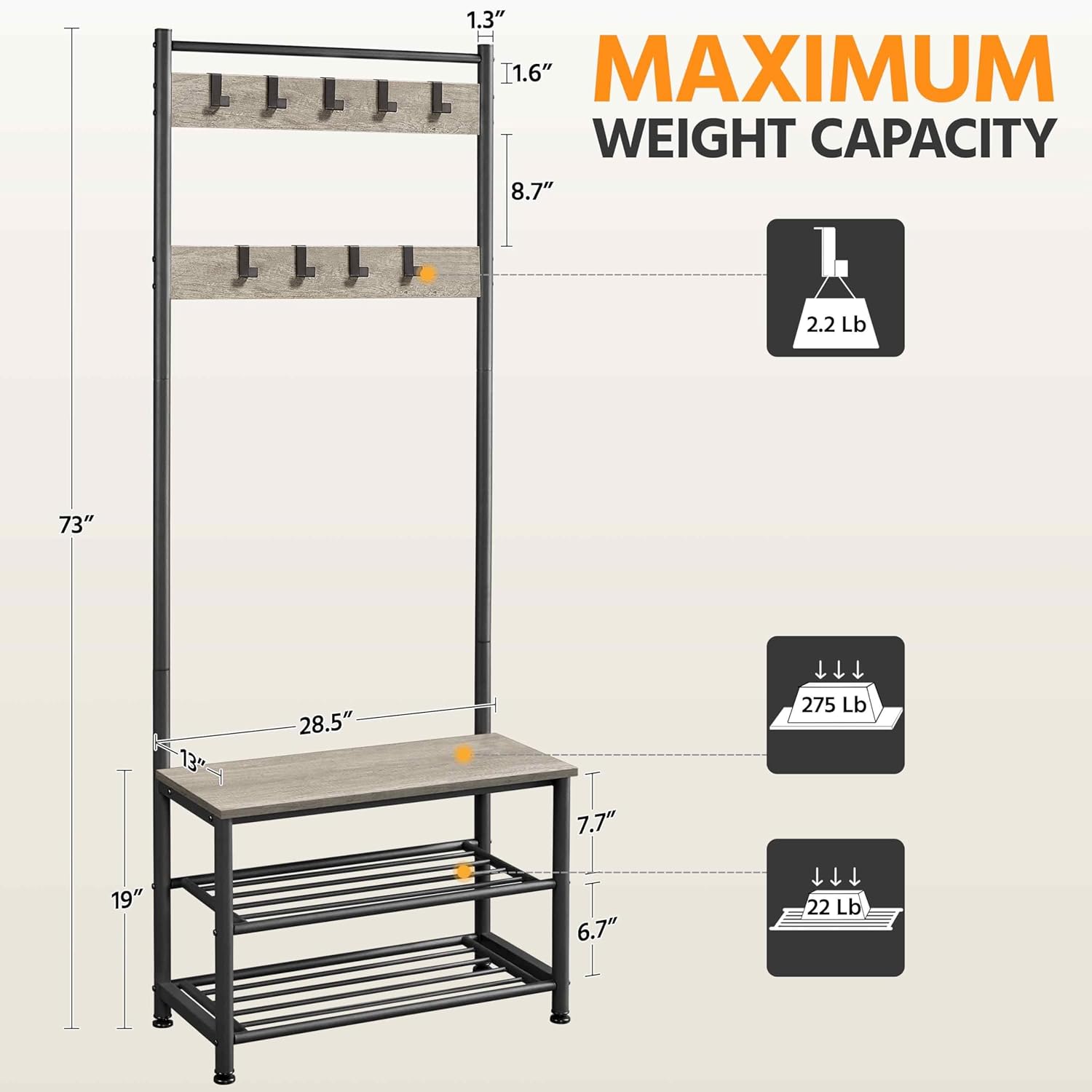 Yaheetech Coat Rack, Hall Tree with Shoe Bench, Entryway Shoe Storage with Coat Rack Stand, 9 Movable Hooks, Industrial Entryway Furniture, Gray