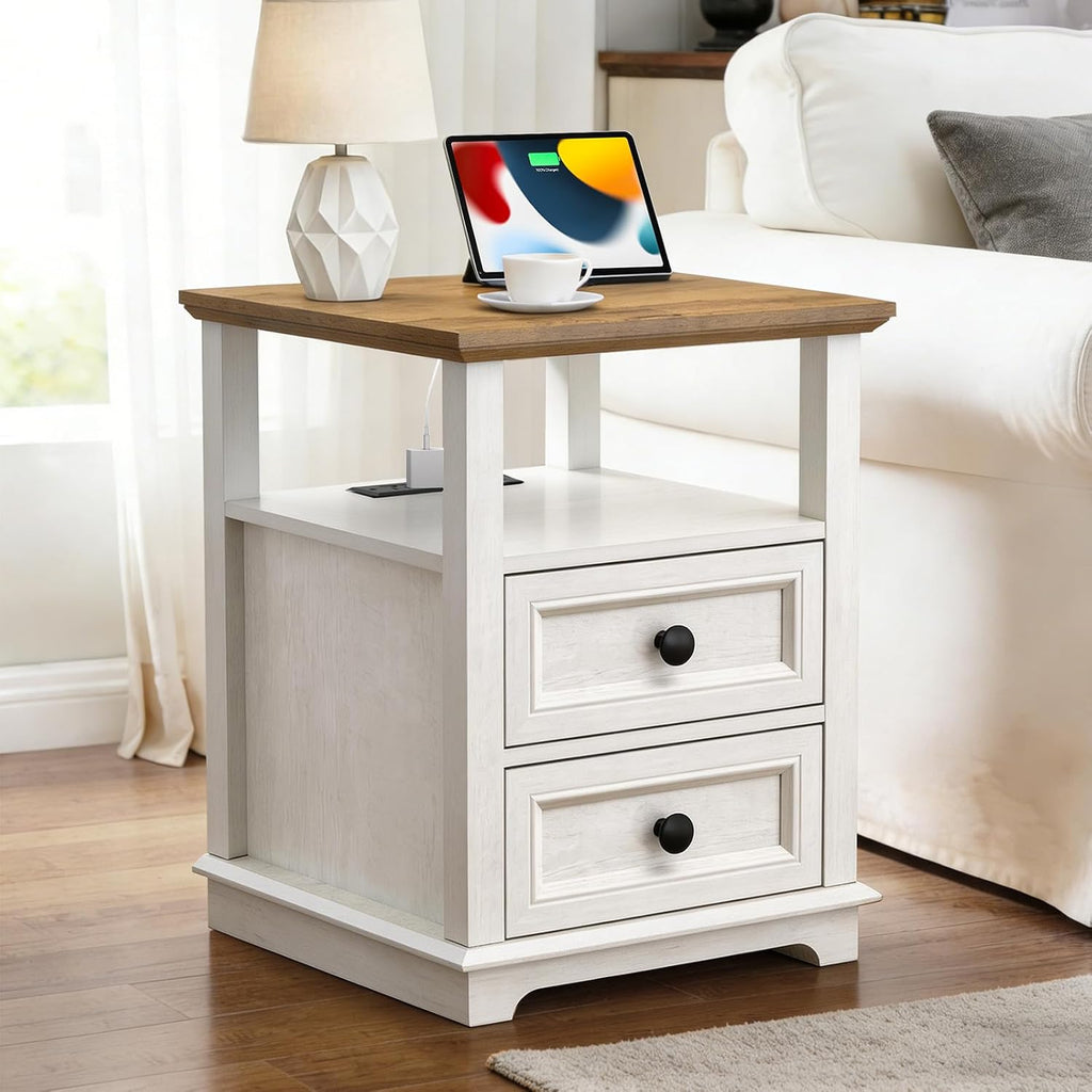 End Table with USB C Charging Station, 18" Wide Side Table with 2 Drawers, Farmhouse Nightstand, Space-Saving Table for Living Room, Bedroom, Office (1, Rustic White)