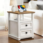 End Table with USB C Charging Station, 18" Wide Side Table with 2 Drawers, Farmhouse Nightstand, Space-Saving Table for Living Room, Bedroom, Office (1, Rustic White)