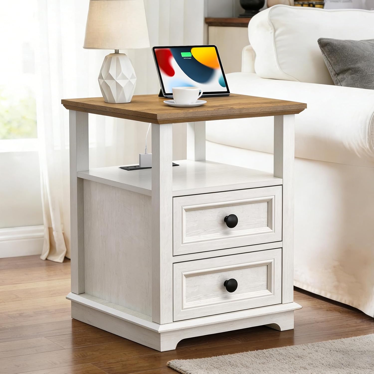 End Table with USB C Charging Station, 18" Wide Side Table with 2 Drawers, Farmhouse Nightstand, Space-Saving Table for Living Room, Bedroom, Office (1, Rustic White)
