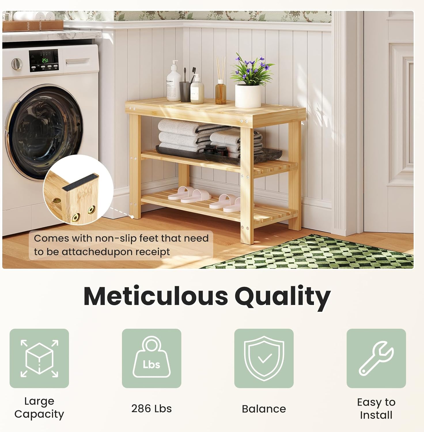 DUMOS Shoe Rack Bench with Storage, 3-Tier Bamboo Entryway Benches, Wooden Shoe Rack Holds Up to 286 lb Storage Organizer, Suitable for Bedroom Living Room Balcony, Classical Wood
