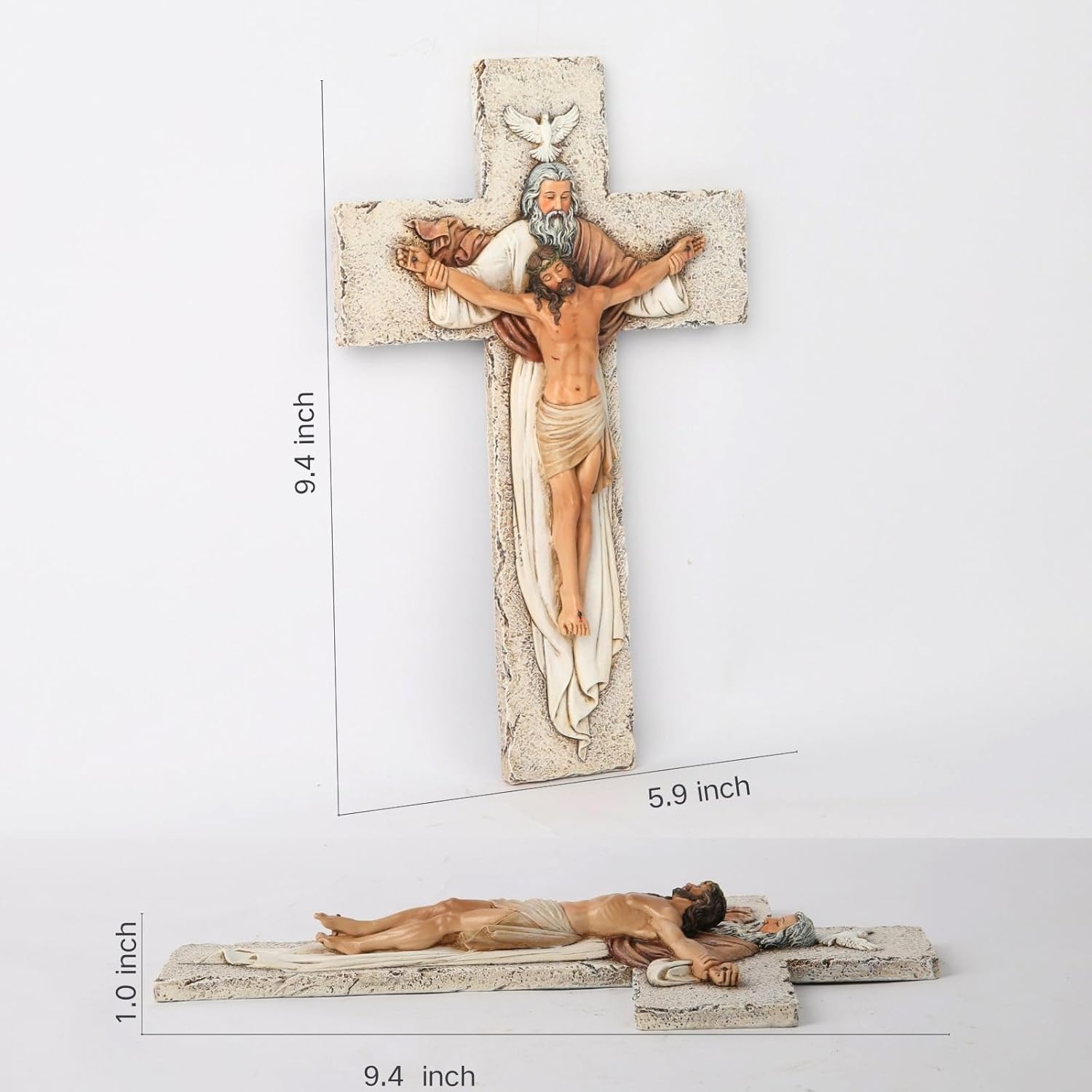 BC Catholic Holy Trinity Crucifix Wall Cross, 9.5" H Jesus Christ Inspirational Home Décor, Catholic Gifts, Religious Wall Sculpture handpainted by Buildclassic