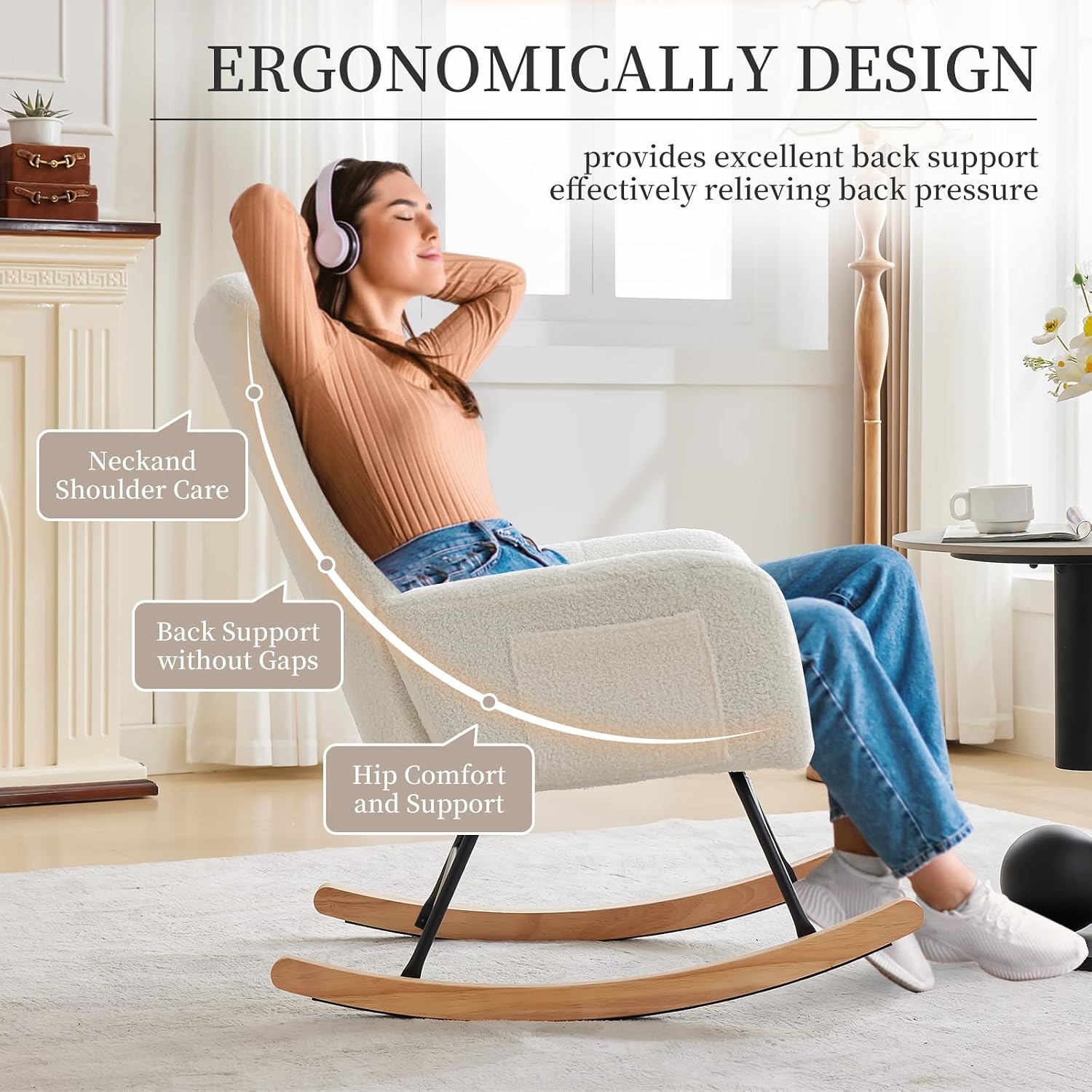 IDEALHOUSE Modern Nursery Rocking Chair, 300lbs Support Teddy Upholstered Glider Rocker with Side Pockets, High Backrest, Armrests, Metal Legs & Wood Base for Living Room, Bedroom Office
