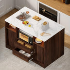 Kitchen Island with Power Outlet and LED Lights, 47" Rolling Kitchen Island Table with Storage, Marble Top Mobile Kitchen Cart on Wheels with Microwave Space & Drawers & Sliding Doors, Walnut