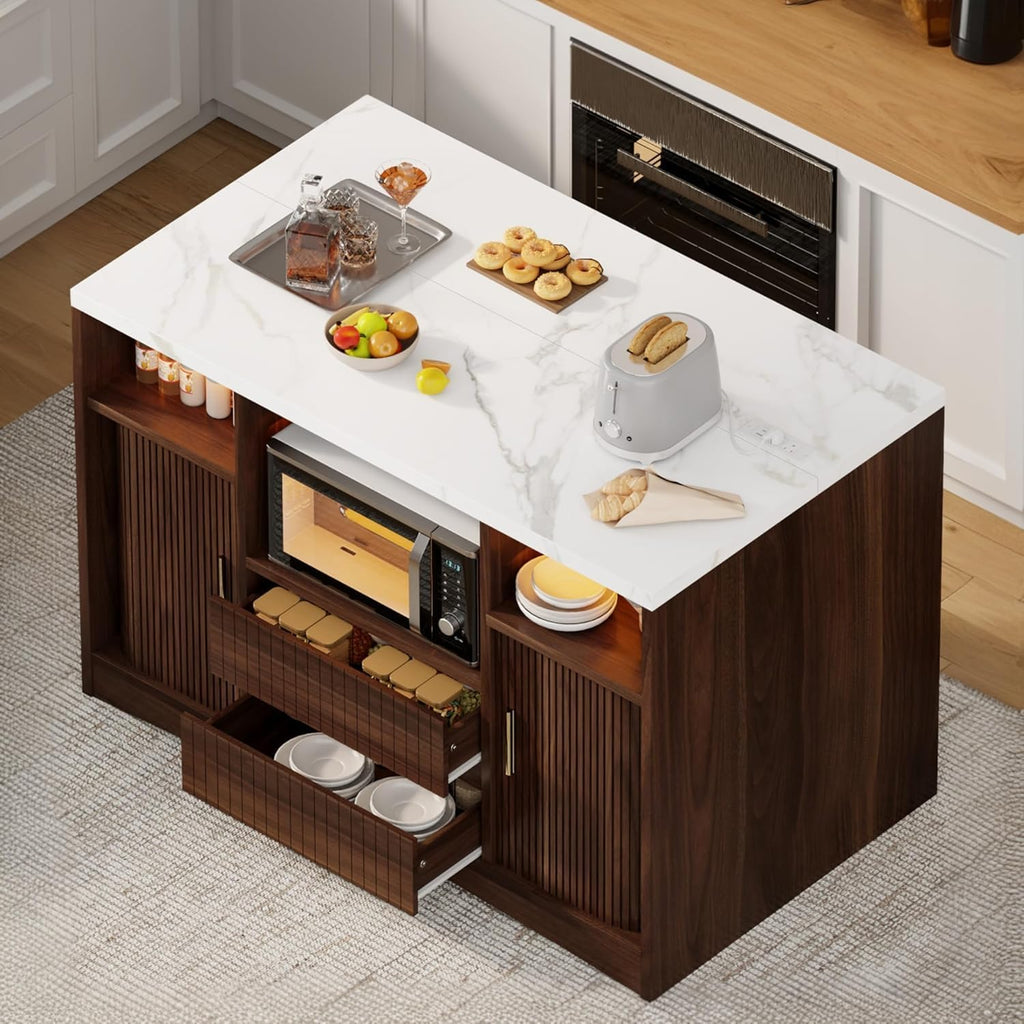 Kitchen Island with Power Outlet and LED Lights, 47" Rolling Kitchen Island Table with Storage, Marble Top Mobile Kitchen Cart on Wheels with Microwave Space & Drawers & Sliding Doors, Walnut