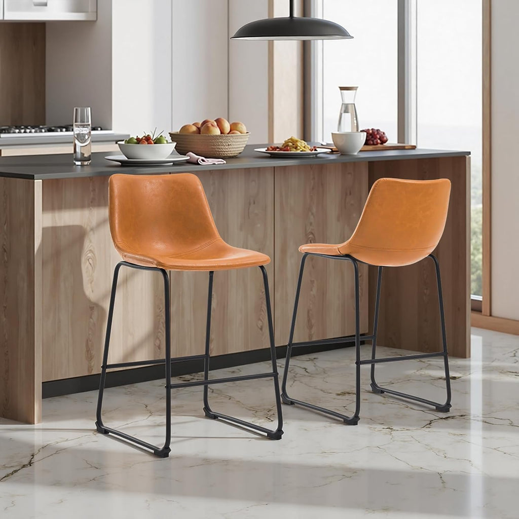 STOOLINK 26 Inch Bar Stools Set of 2, Counter Height Bar stools for Kitchen Island, Modern Crazy Horse Leather Bar Stool with Back and Metal Legs, Whiskey Brown