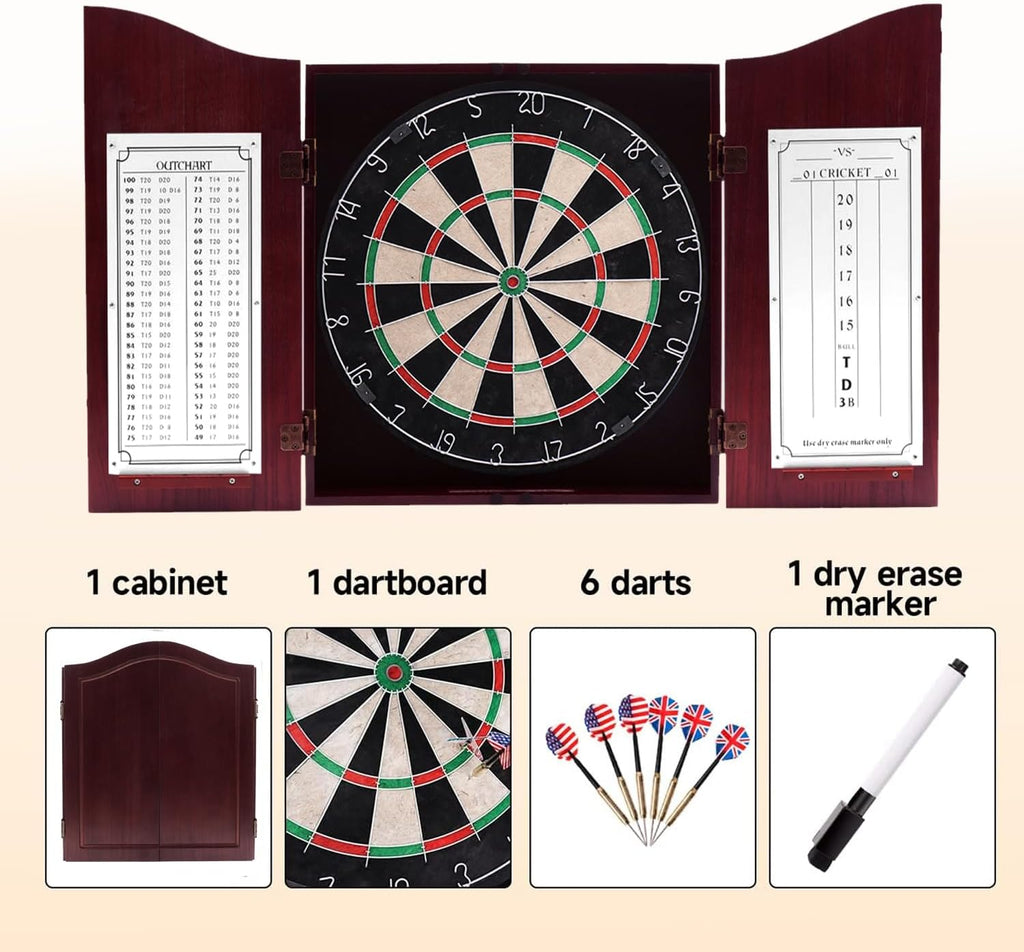 GSE Pro Solid Wood Classic Dartboard Cabinet Set, Deluxe Cherry | 18" Self-Healing Sisal/Bristle Dartboard, Scoreboard & 6 Steel Tip Darts, Complete with All Accessories, 3.5"D x 22"W x 25"H