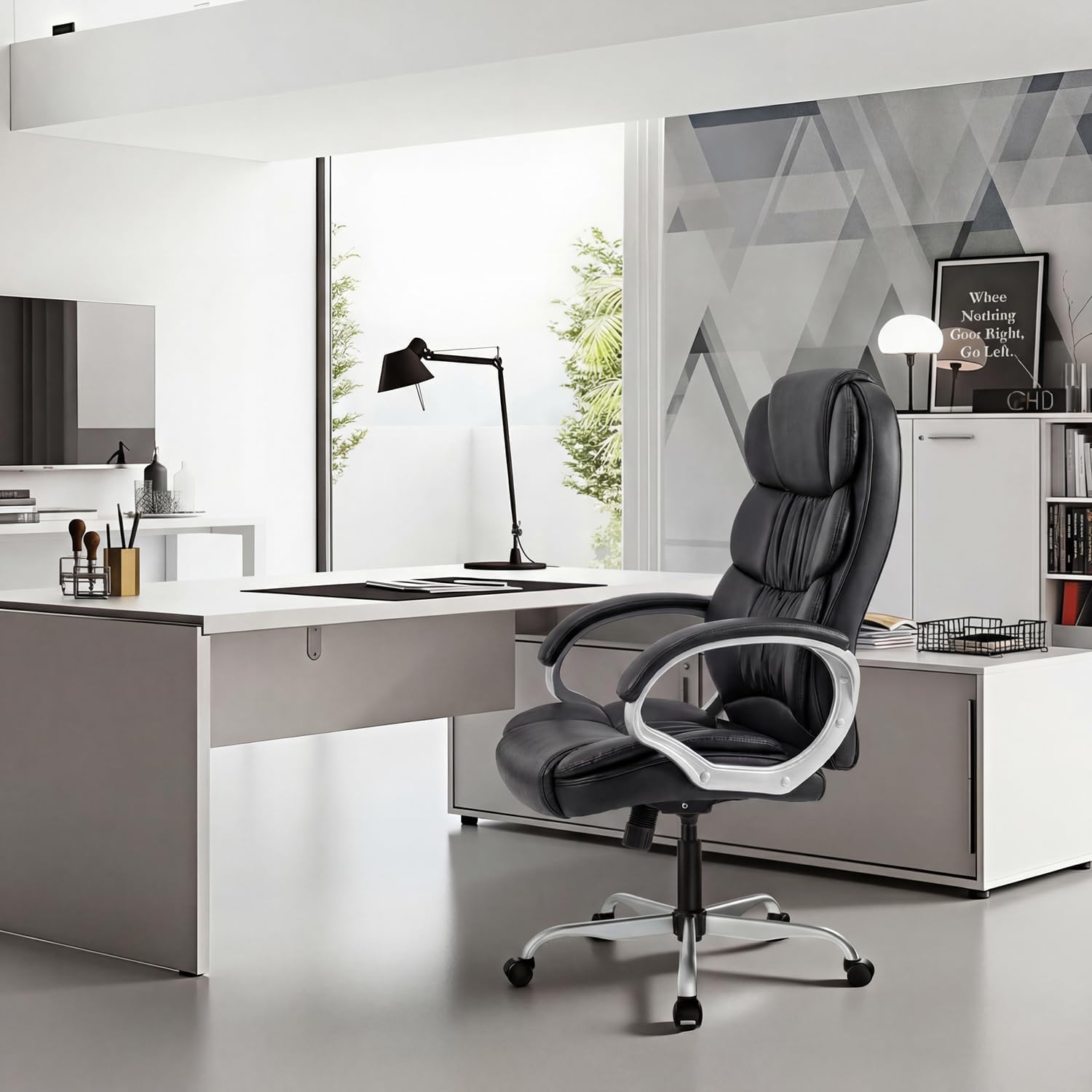 GUNJI Office Chair PU Leather High Back Executive Chair Ergonomic Computer Chair, Modern Adjustable Home Desk Chair Swivel Managerial Chair with Padded Armrests and Lumbar Support (Black)