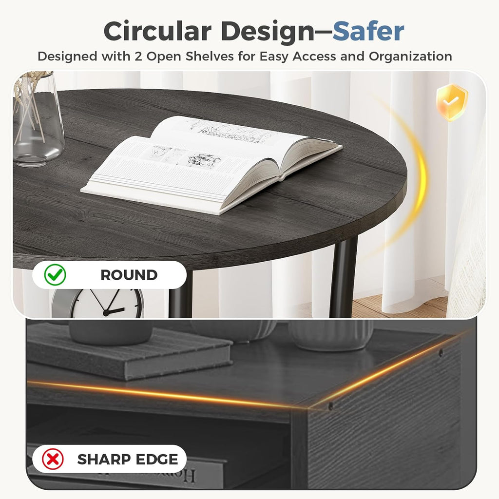 OLIXIS 21.85-Inch Round End Table, 2-Tier Side Round Table for Living Room, Accent Table with Storage Shelf, Sturdy Metal Frame Nightstand for Small Space, Round Bedside, Grey Wood Grain