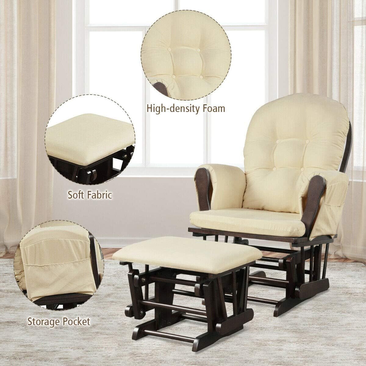 Nursery Rocking Chairs Nursery Glider Rocking Chair Wood Baby Rocker with Ottoman Cushion Upholstered Nursing Chair with Padded Arms (Beige)