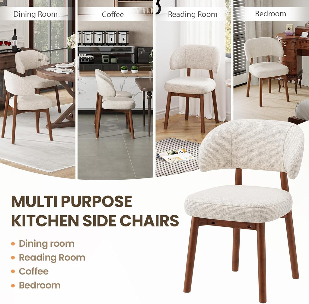 MALOL Wooden Dining Chairs Set of 6, Modern Upholstered Dining Room Chair, Fabric Kitchen Side Chairs with Curved Open Back for Living Room/Restaurant/Cafe, Beige