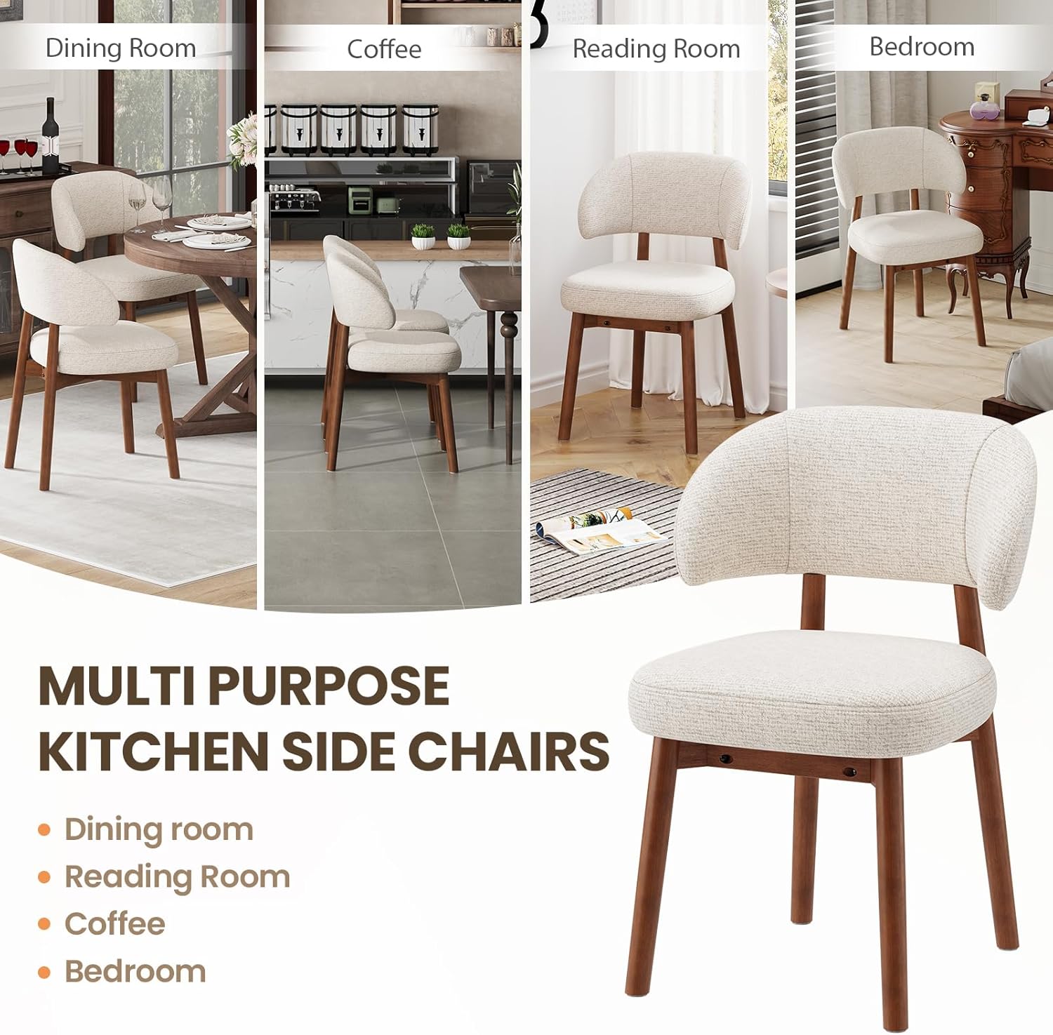 MALOL Wooden Dining Chairs Set of 6, Modern Upholstered Dining Room Chair, Fabric Kitchen Side Chairs with Curved Open Back for Living Room/Restaurant/Cafe, Beige