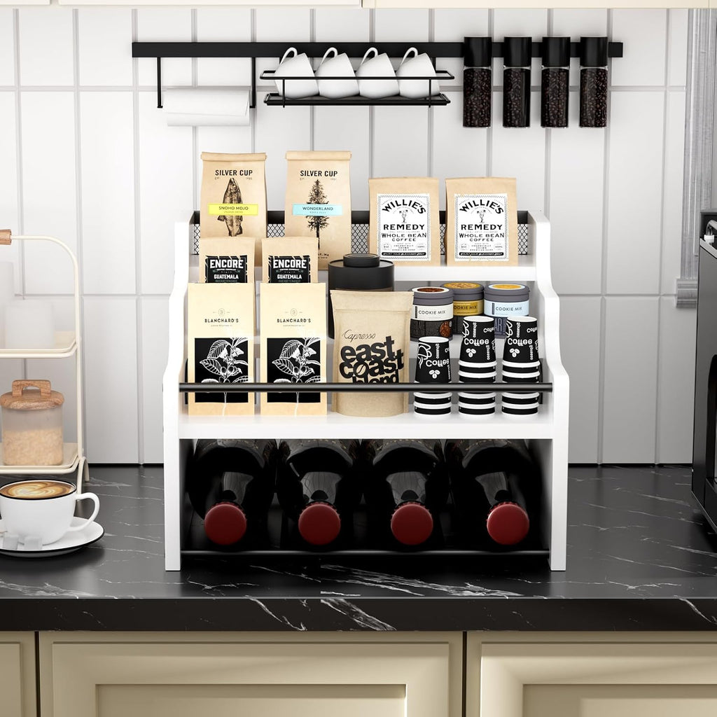 4-Tier Wood Display Shelf Wine Rack for 16 Bottles Wood Coffee Syrup Organizer with Handles Home Whiskey Shelf Retro Mini Liquor Cabinet Spice Rack Coffee Bar Shelves, White