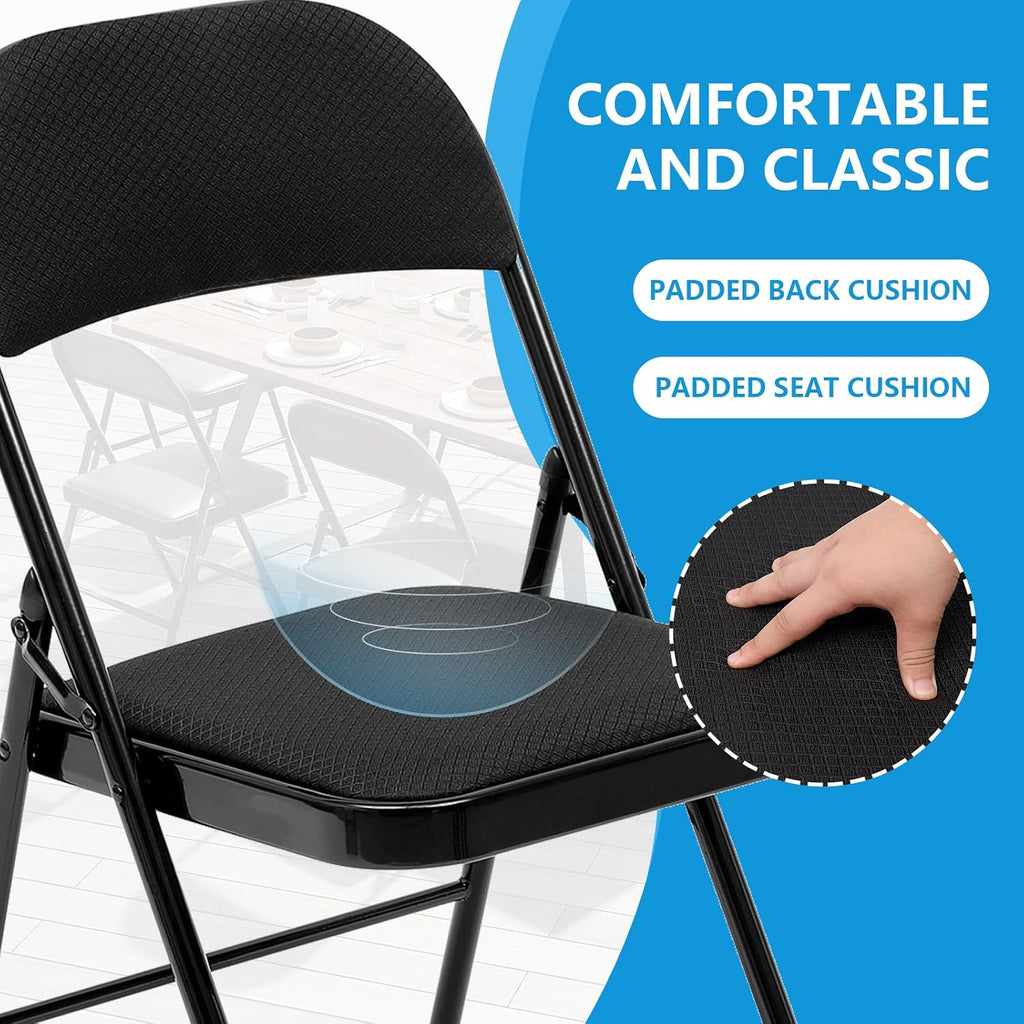 6 Pack Folding Chairs Metal Chairs Set with Padded Seats and Back, Padded Folding Chair for Home Office Wedding Party, Indoor and Outdoor Events, Set of 6 (Black-Fabric, 6 Pack)