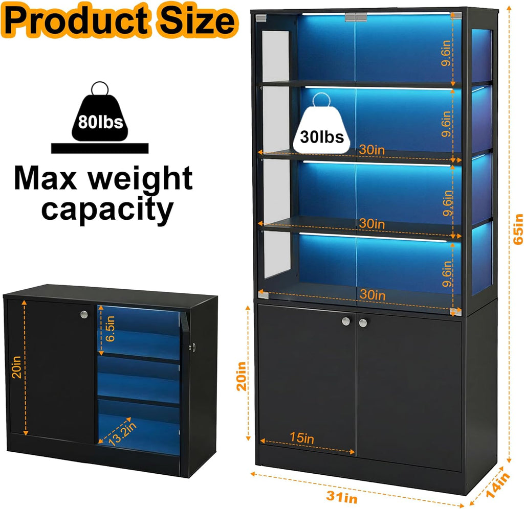 Display Cabinet with Glass Door - 7-Tiers Curio Cabinet Display Case with RGB Lights & Bottom Storage, Adjustable Shelves for Collectibles & Legos, Bookcase Storage Cabinet (Black)