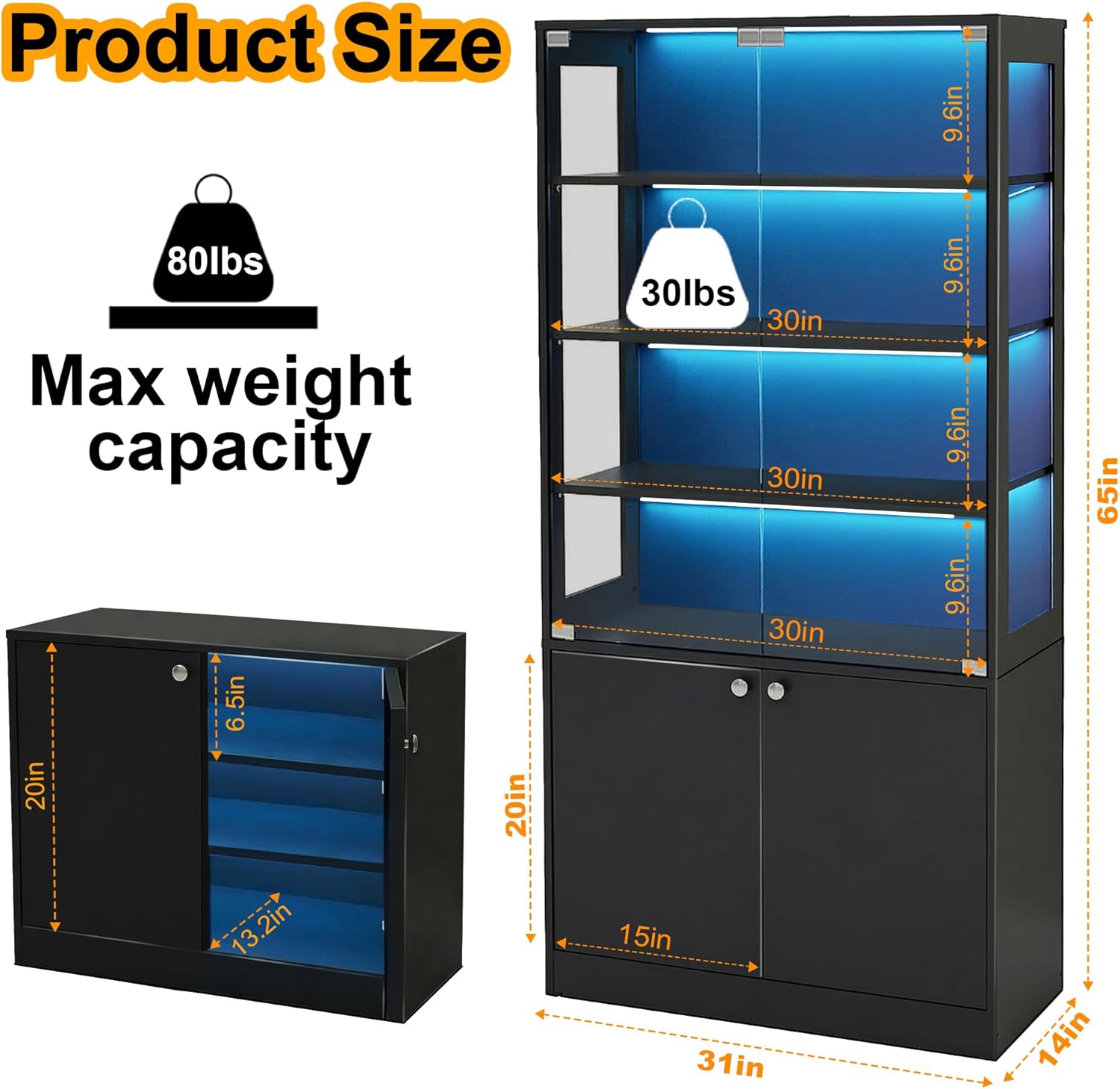 Display Cabinet with Glass Door - 7-Tiers Curio Cabinet Display Case with RGB Lights & Bottom Storage, Adjustable Shelves for Collectibles & Legos, Bookcase Storage Cabinet (Black)