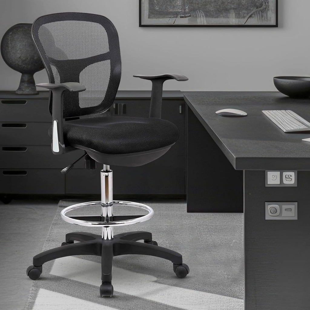 OfficeFactor Drafting Chair Tall Office Chair with Arms Executive Ergonomic Standing Desk Chair with Anti Scratch Wheels and Footrest