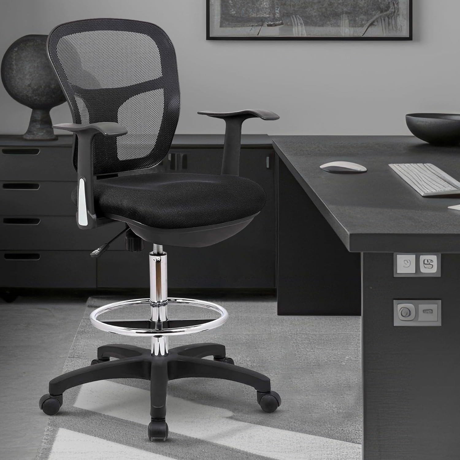 OfficeFactor Drafting Chair Tall Office Chair with Arms Executive Ergonomic Standing Desk Chair with Anti Scratch Wheels and Footrest