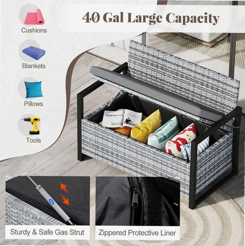 Gray Rustic Rattan Outdoor Storage Bench 40 Gal 800lb Load UV-Resistant 43.5in Seat Cushion Liner for Garden