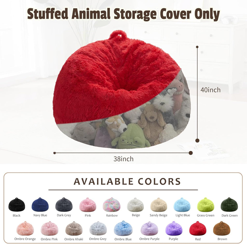 Bean Bag Cover (No Filler), Soft Faux Fur Stuffed Animal Bean Bag Storage, Fluffy Plush Bean Bag Chair Cover Washable, Comfy Bean Bag Covers for Adults Kids Teens, 38"x40" Red