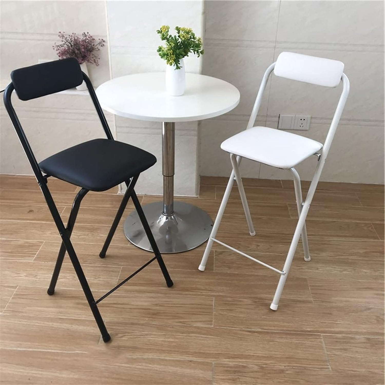 Foldable bar stools with Backrest,Leather Padded Counter Tall Folding Stool,Portable Folding Stool Tall Bar Stools for Outdoor Kitchen Shop Cafe,seat Height 25.5inch(Black/White)