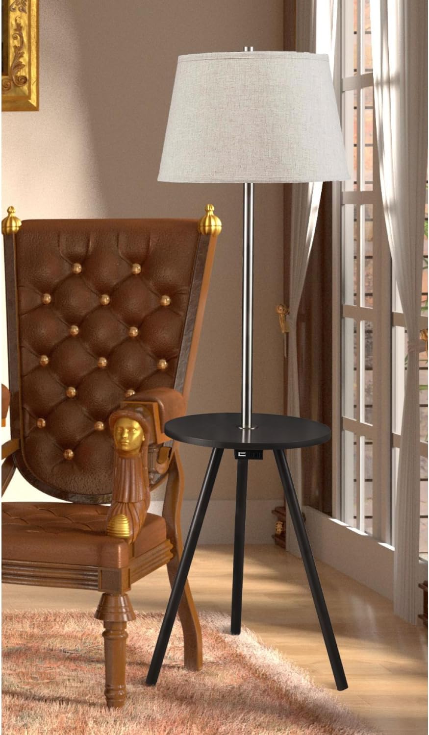 57" Round Sofa Side Table W/Lamp and Power Station 1.56/9.9 Metal Charging Living Room Decor