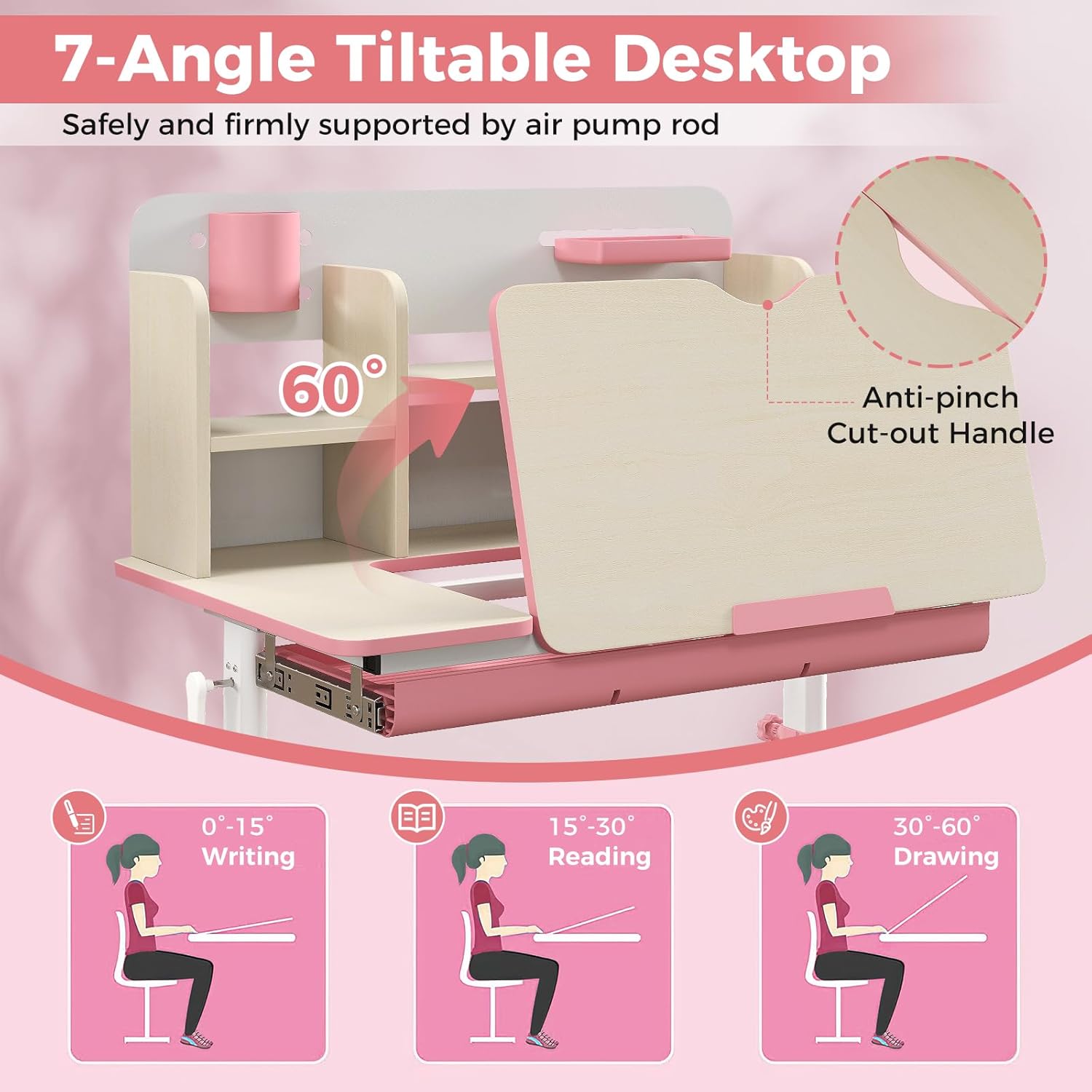 HONEY JOY Kids Desk, Children School Study Desk w/ 7-Level Tiltable Desktop, Height Adjustable Table w/Bookshelf, Pull-Out Drawer & Pen Holder, Student Writing Workstation, Desk for Girls Boys (Pink)