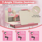 HONEY JOY Kids Desk, Children School Study Desk w/ 7-Level Tiltable Desktop, Height Adjustable Table w/Bookshelf, Pull-Out Drawer & Pen Holder, Student Writing Workstation, Desk for Girls Boys (Pink)