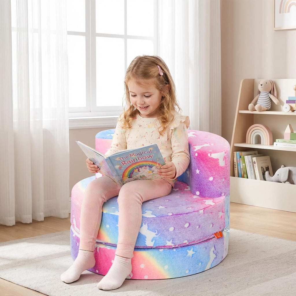 MeMoreCool Unicorn Kids Couch, Flip-Open Kids Chair, Glow Print, Rainbow