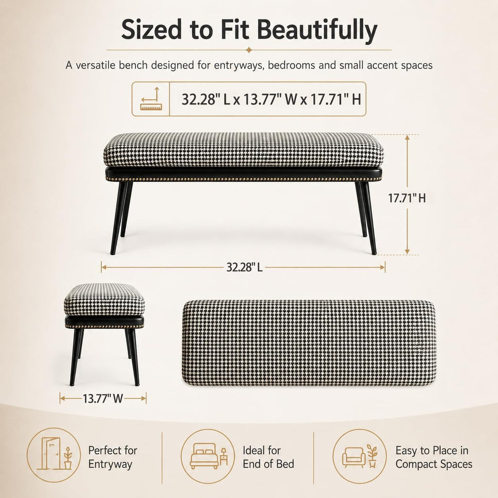 Forteek 32" Retro Upholstered Entryway Bench, Leather & Fabric Shoe Bench with Removable Cushion, End of Bed Bench for Bedroom, Small Dining Bench for Living Room, Storage Bench for Hallway & Foyer