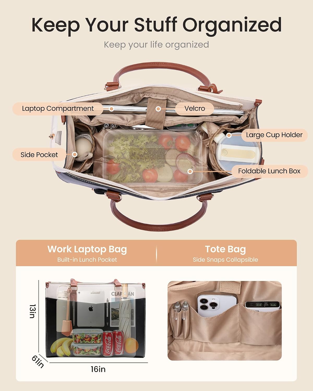 LOVEVOOK Laptop Lunch Bag for Women 15.6 Inch, Waterproof Tote Purse with Cup Holder & Elegant Clutch