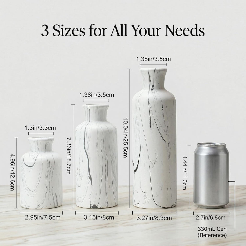 Modern Ceramic Flower Vase Set of 3, Minimalist Vase for Home Decor, Decorative Vase for Table Entryway Mantel Centerpiece Living Room Bathroom Bedroom (White Gray Marble)