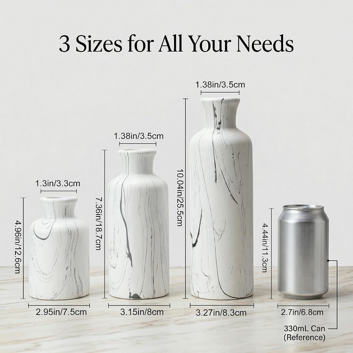 Modern Ceramic Flower Vase Set of 3, Minimalist Vase for Home Decor, Decorative Vase for Table Entryway Mantel Centerpiece Living Room Bathroom Bedroom (White Gray Marble)