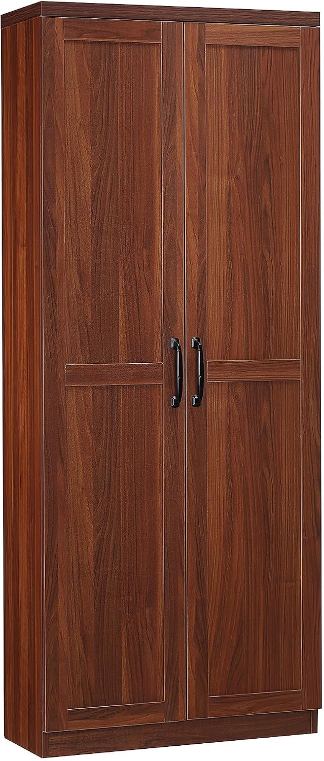 63" Kitchen Pantry, Freestanding Storage Cabinet with 5-Tier Shelving and 2 Adjustable Shelves, 2-Door, Brown, Easy to Maintain, for Dining Room
