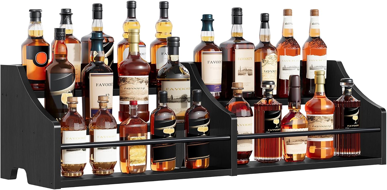 FAVOOSTY 5 Tier Countertop Liquor Bottle Display Shelf Organizer, Retro Tabletop Wine Rack Stand, Multi-Purpose Storage Holder for Whiskey, Spirits, Coffee Syrup, Mini Home Bar & Liquor Cabinet,Black
