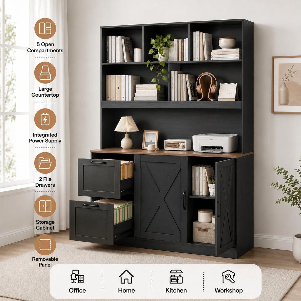 NORTHSKY 72'' Tall Bookshelf with Power Outlet, 2 Drawer File Cabinet for A4 Hanging Files, 3-Tier Open Shelves & Closed Storage Cabinets, Multifunctional Printer Stand - Black