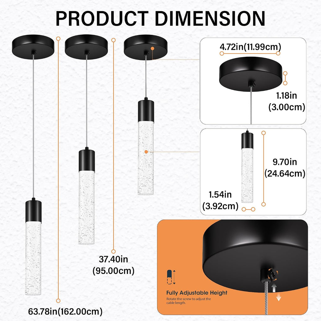 Pendant Lights Kitchen Island, 6500K Modern Kitchen Island Lights Brushed Black, 3 Pack Ceiling Lighting Fixtures with Crystal Bubble, Integrated LED Hanging Light for Dining Room Restaurant